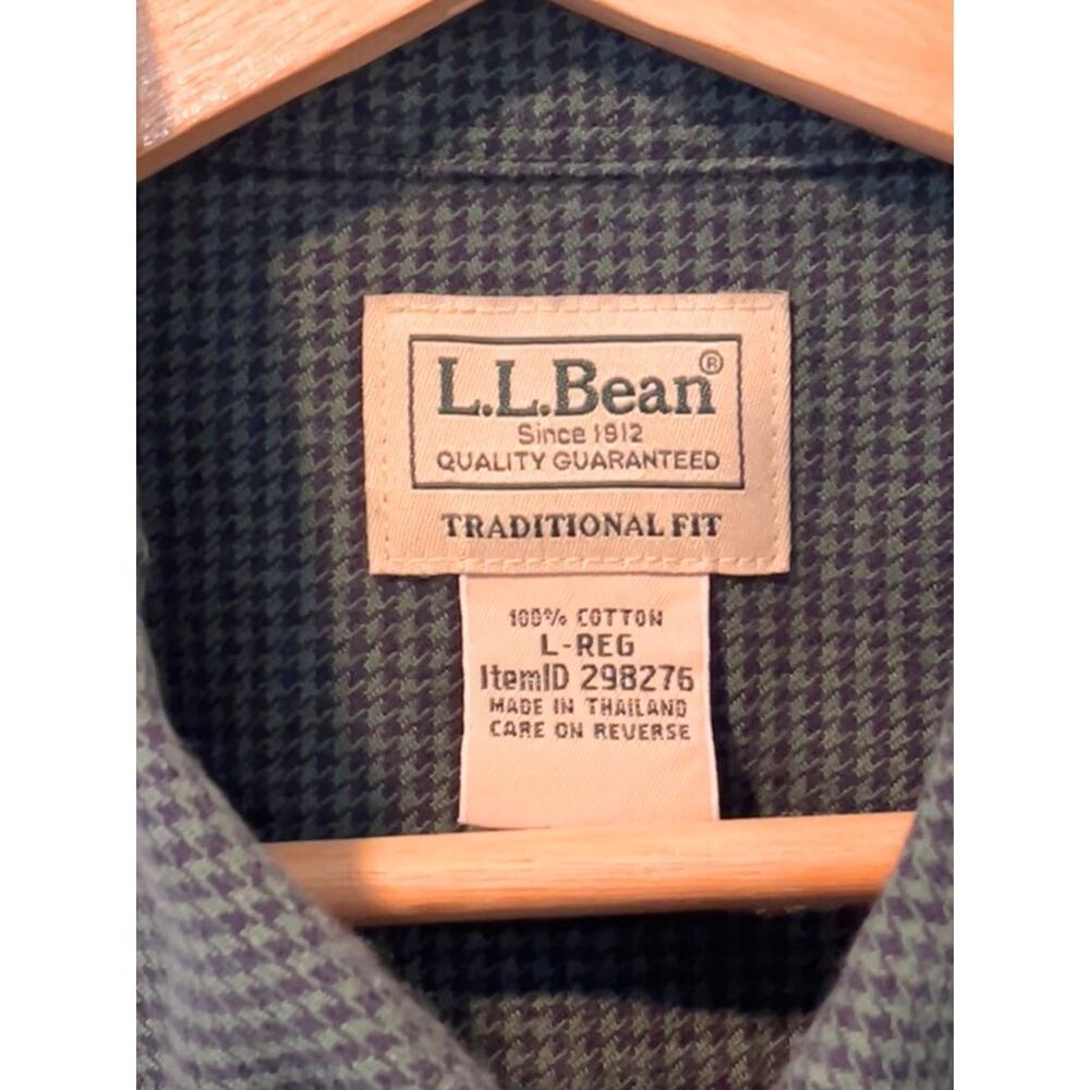 LL Bean Large Blue Green Houndstooth Button Down Shirt Traditional Fit Cotton - Picture 4 of 7